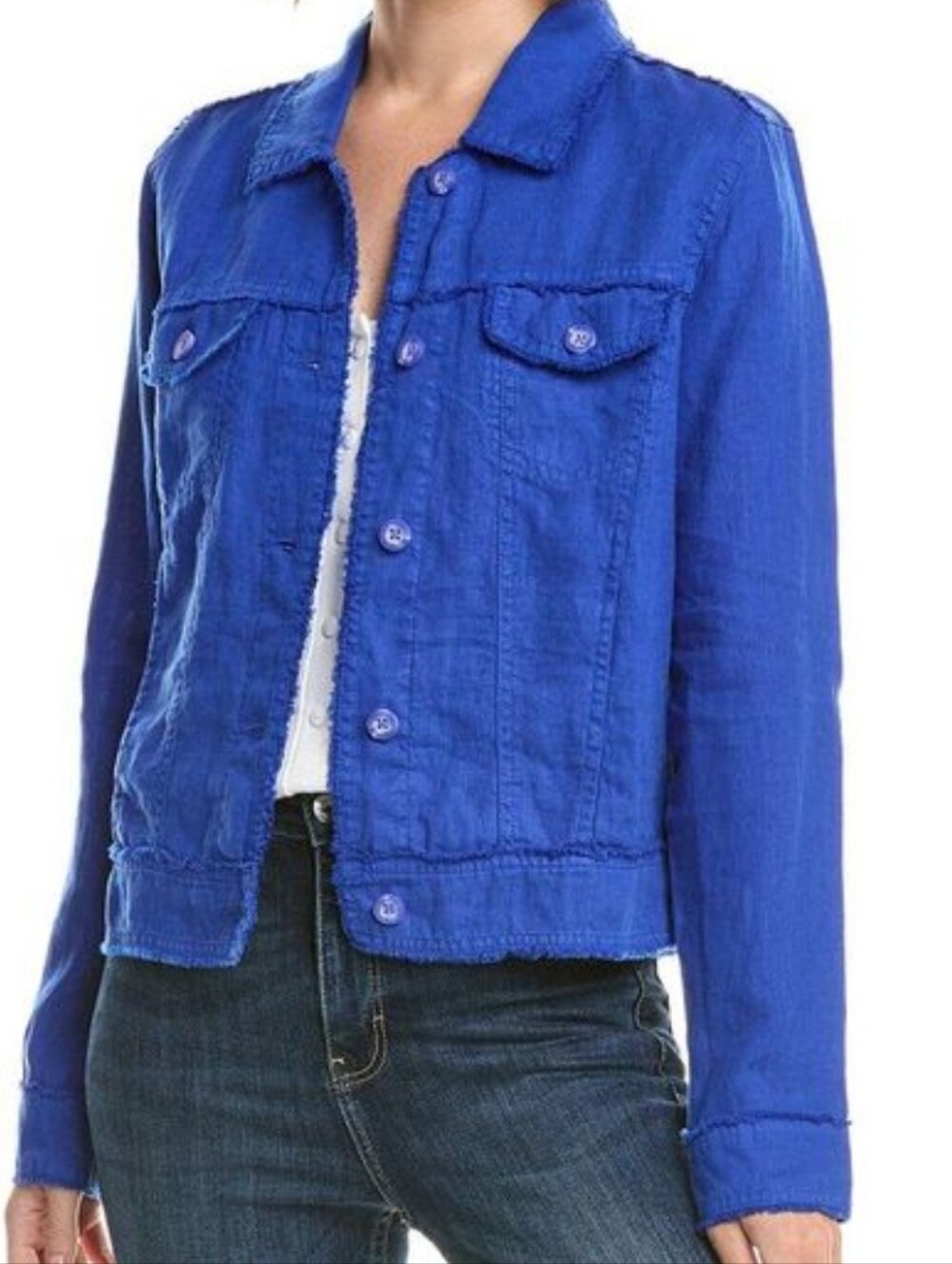 Tommy Bahama Women’s M 100% Linen Cobalt Blue Button Front Jacket Raw Edge Coast